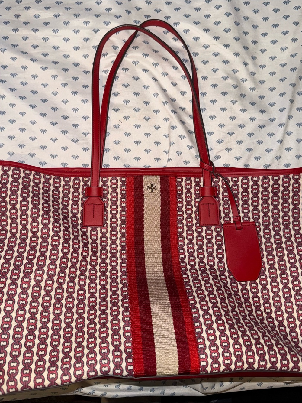 Tory Burch Red and Cream Signature Canvas Tote with Stripe Detail
